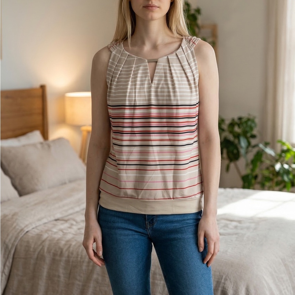 New York & Company Beige Striped Tank Top with Pink and Black Accents